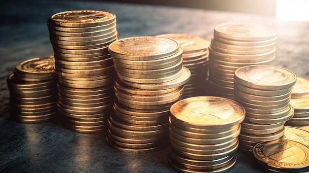 A stack of gold coins on a table