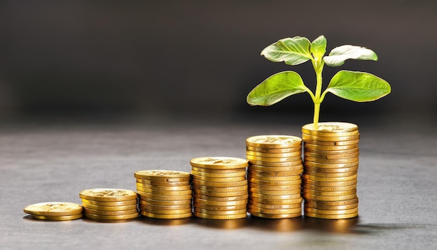 Photo stack of gold coins with baby plant on top