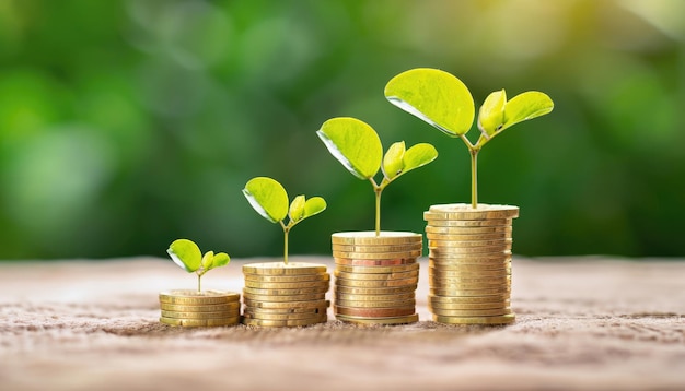 Photo stack of gold coins with baby plant on top