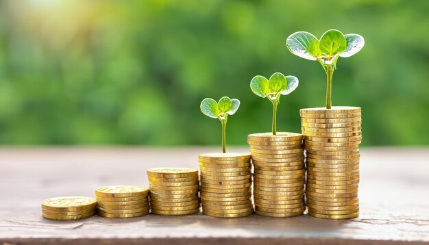 Photo stack of gold coins with baby plant on top