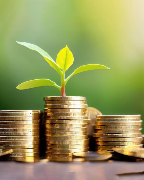 Photo stack of gold coins with baby plant on top