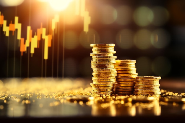 A stack of gold coins with a chart in the background