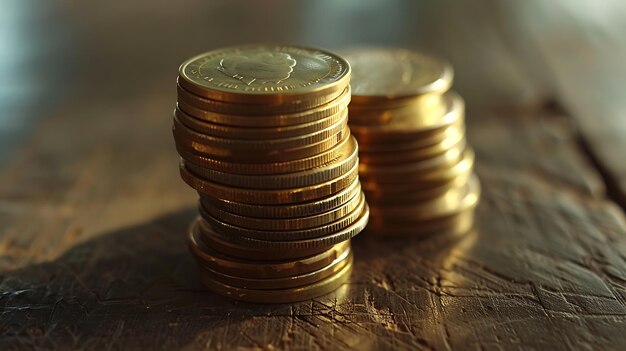 Куча золотых монет на деревянном столе Монеты в фокусе с размытым фоном Изображение хорошо освещено теплым золотым тоном