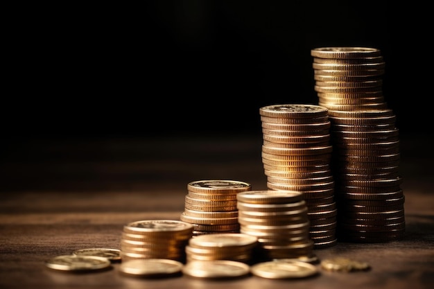 A stack of gold coins on a wooden table Generative AI