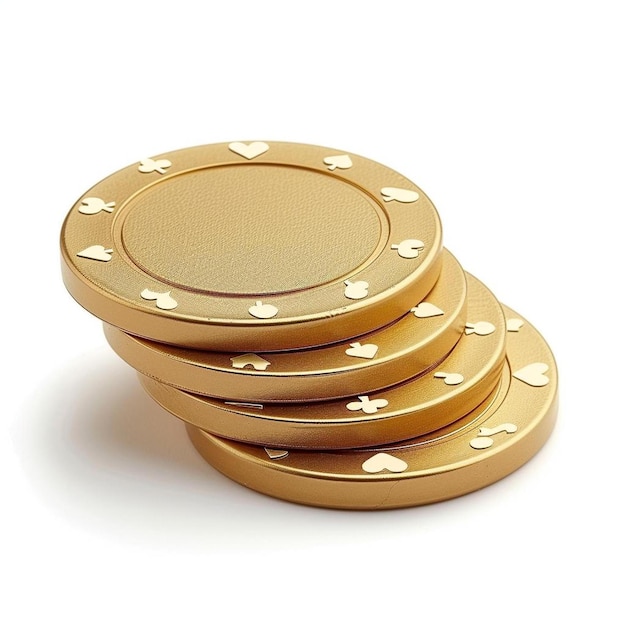 a stack of gold poker chips on a white surface