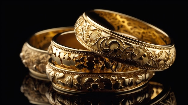A stack of gold rings on a black background