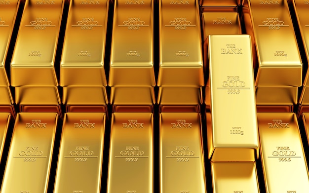 Стопка золотых слитков в банковском хранилище