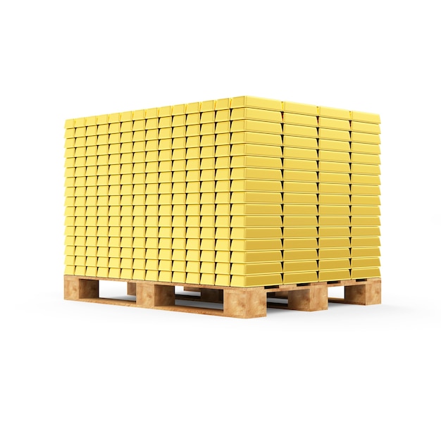 Stack of Golden Bars on a Wooden Pallet isolated on white background