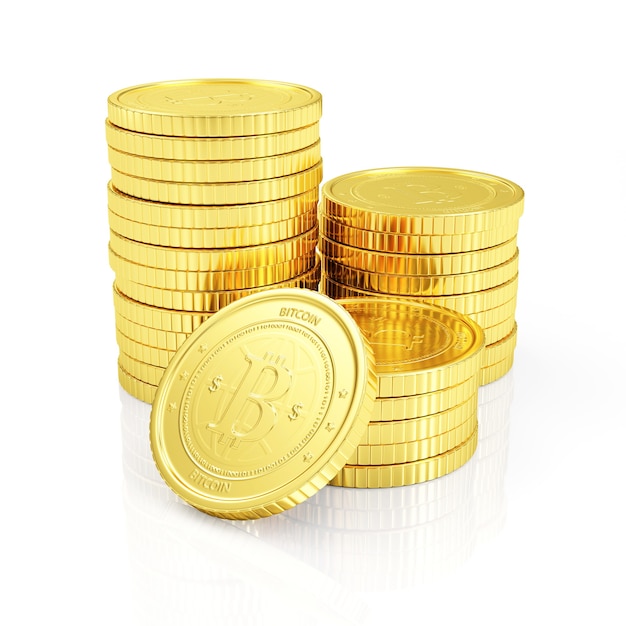 Stack of Golden Bitcoins on white