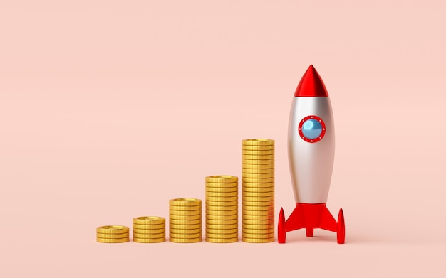 Stack of golden coin with rocket