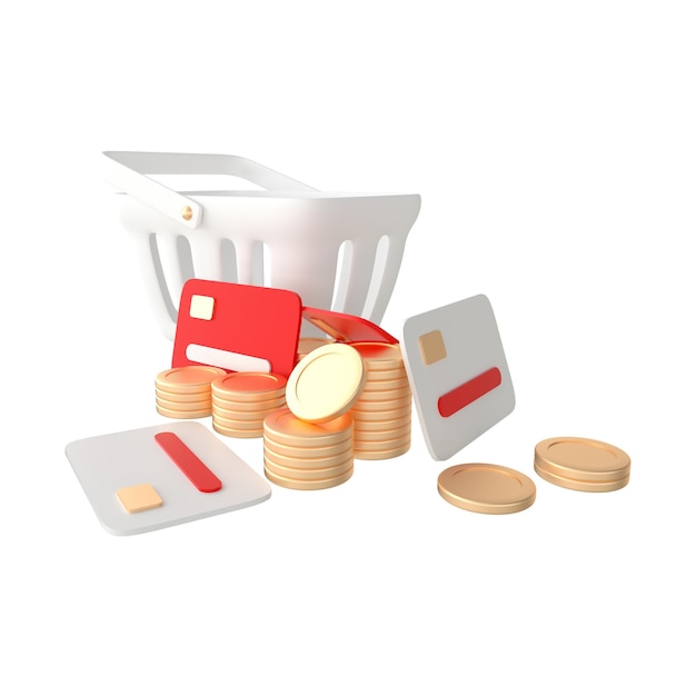 Stack of golden coins credit cards shopping cart 3d rendering