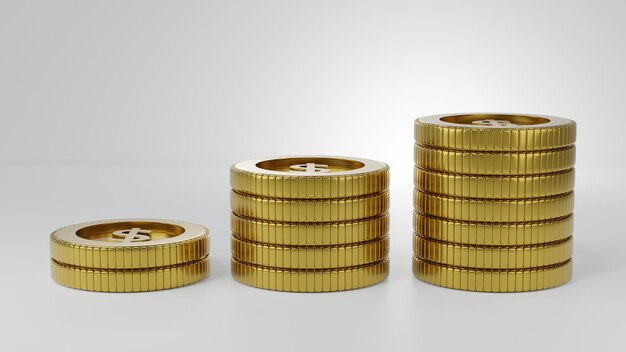 Stack of golden coins on white background with earning profit concept Gold coins or currency of business 3D rendering