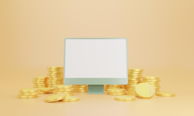 Stack of golden coins with Monitor on yellow background with earning profit concept Gold coins or currency of business 3D rendering