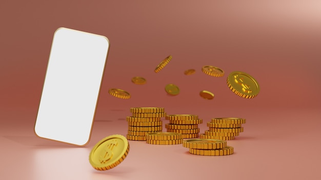 Stack of golden coins with white screen mobile mockup over pink background