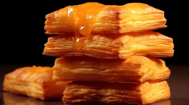 A stack of golden flaky puff pastry turnovers with fruit filling