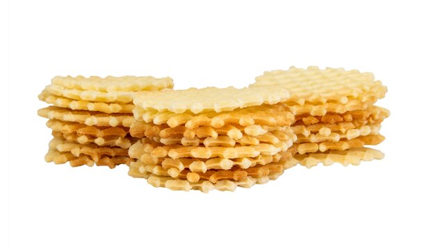 A stack of golden round waffles isolated over white background.