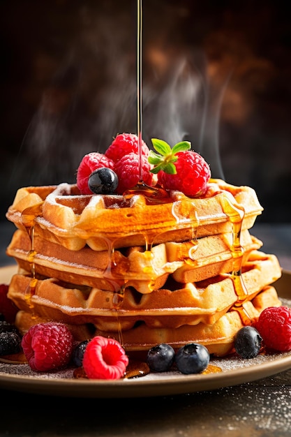 a stack of goldenbrown waffles topped with fresh berries and a drizzle of maple syrup