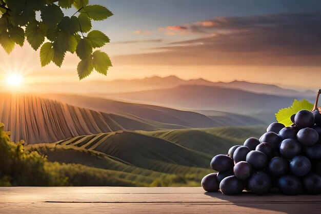 Foto una pila di uva su un tavolo con un paesaggio sullo sfondo