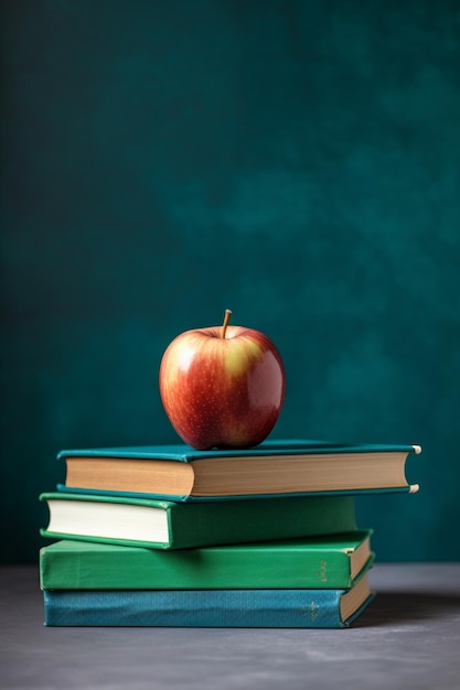 A stack of green books with a red apple on top.