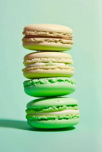 A stack of green macaroons with the word macaroons on the top.