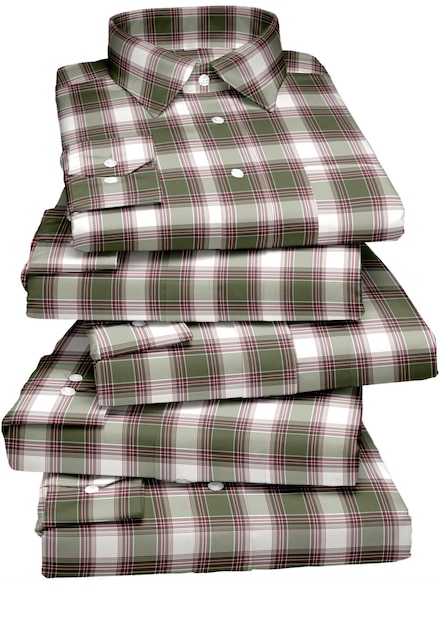 A stack of green plaid shirts with the word men on them