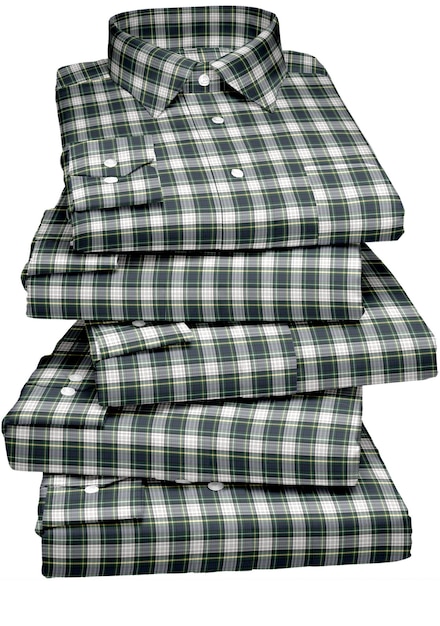 A stack of green plaid shirts with the word men on them