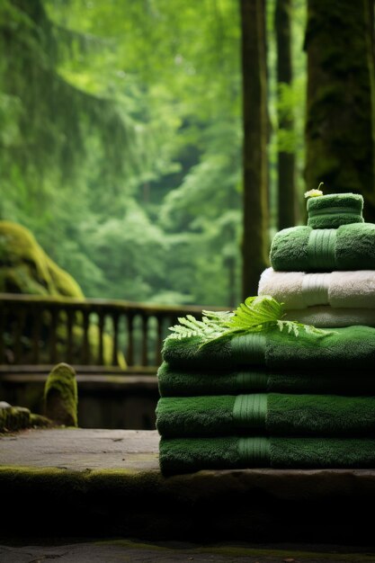 A stack of green towels in the middle of a forest