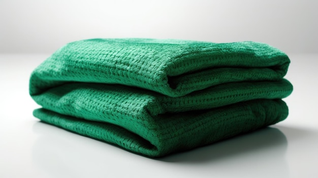 A stack of green towels on a white table.