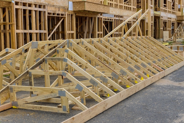 Stack of group in new construction materials for buildings on lumber material for construction