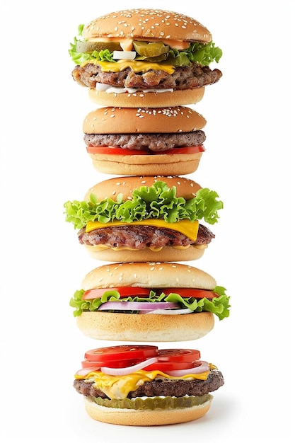 a stack of hamburgers with cheese lettuce tomato and onion