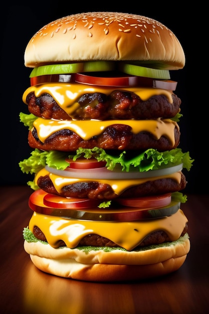 A stack of hamburgers with the word cheese on the top.