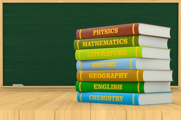 Stack of hardcover text books and blackboard on wooden surface. 3D illustration