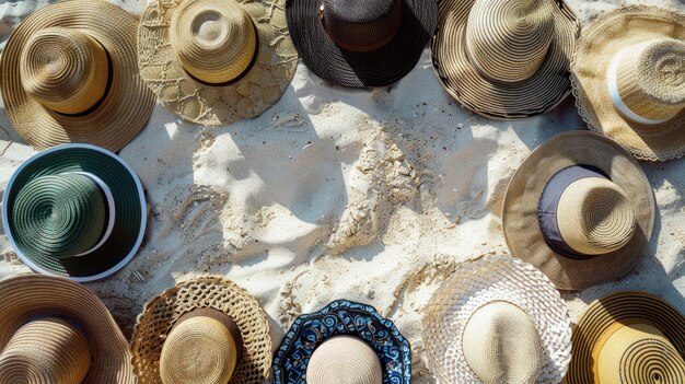 Photo a stack of hats creates an art sculpture on the sandy beach aig