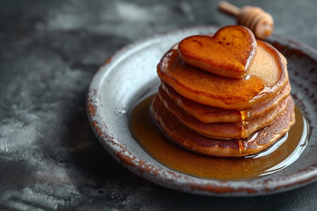 stack of heartshaped pancakes with honey on a plate View from above Served on the kitchen table for