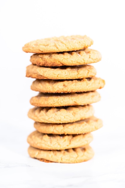 Stack of home made freshly baked peanut butter cookies.