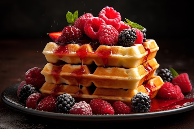 Stack of homemade belgian waffles with berries