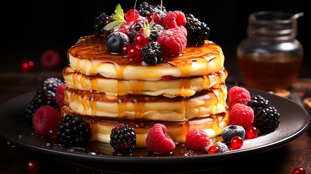 Stack of homemade blini with honey syrup and berry fruit