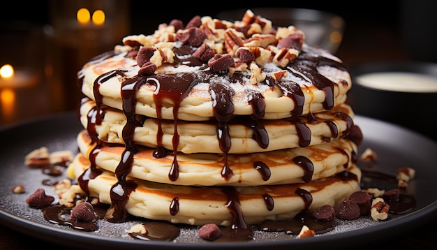 Stack of homemade chocolate pancakes on a rustic wooden plate generated by artificial intelligence