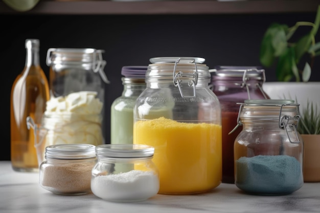 Stack of homemade cleaning products in glass jar created with generative ai