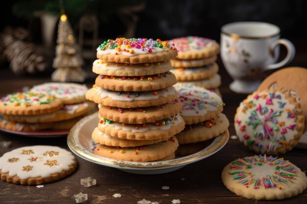 自家製のクッキーのスタックそれぞれがジェネレーティブAIで作成された異なる祭りのデザインです