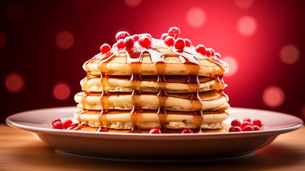 Stack of homemade pancakes in a plate on light red background