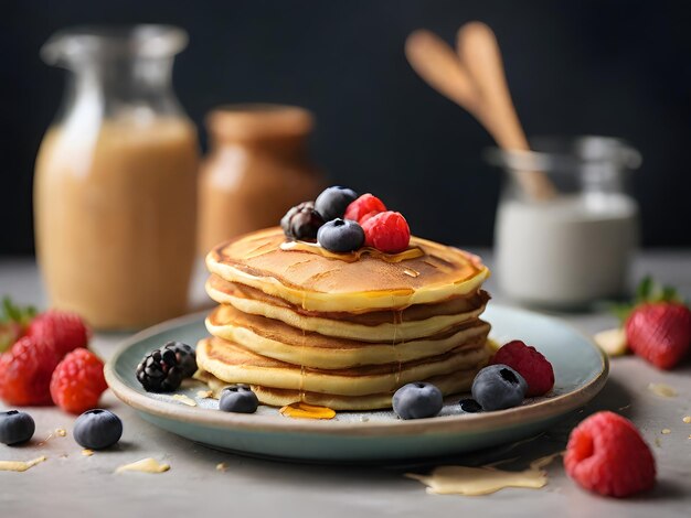 Stack of homemade pancakes with fresh berries and maple syrup selective focus