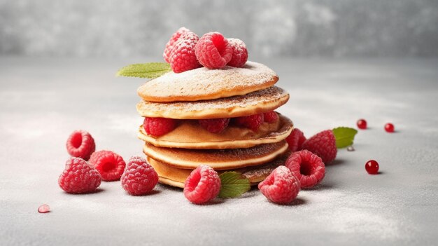 Stack of homemade pancakes with fresh raspberries