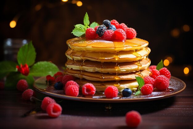 Stack of homemade pancakes with honey syrup and berries