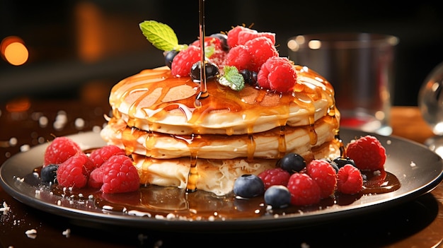 Photo stack of homemade pancakes with syrup and fresh fruit toppings