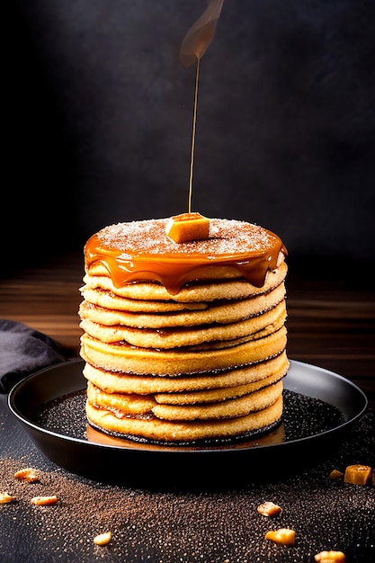 Photo stack of homemade pancakes with syrup pouring generated by ai