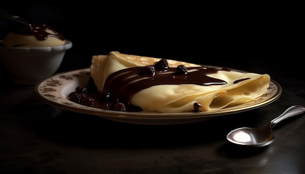 A stack of homemade pancakes with whipped cream and fruit generated by artificial intelligence