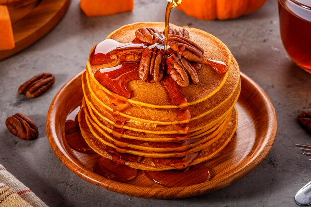 Stack of homemade pumpkin pancakes.