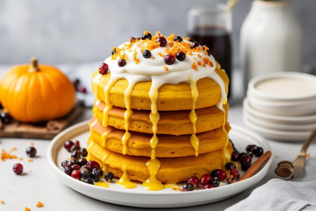 Photo a stack of homemade pumpkin punkcakes with powdered sugar on top and candied kumquat