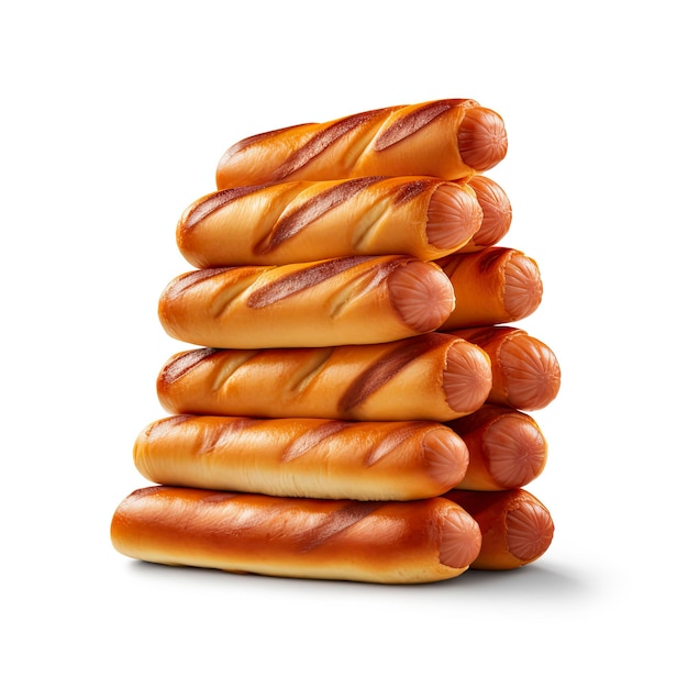 A stack of hotdogs arranged in a neat pile